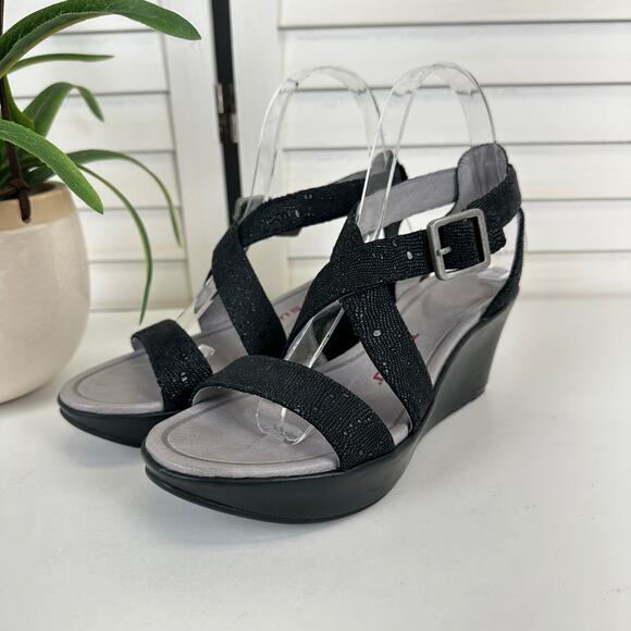Tsubo Black Olivette Rhinestone Wedge Heel Sandals‎ Comfort Shoe Size 6.5 - Picture 1 of 10
